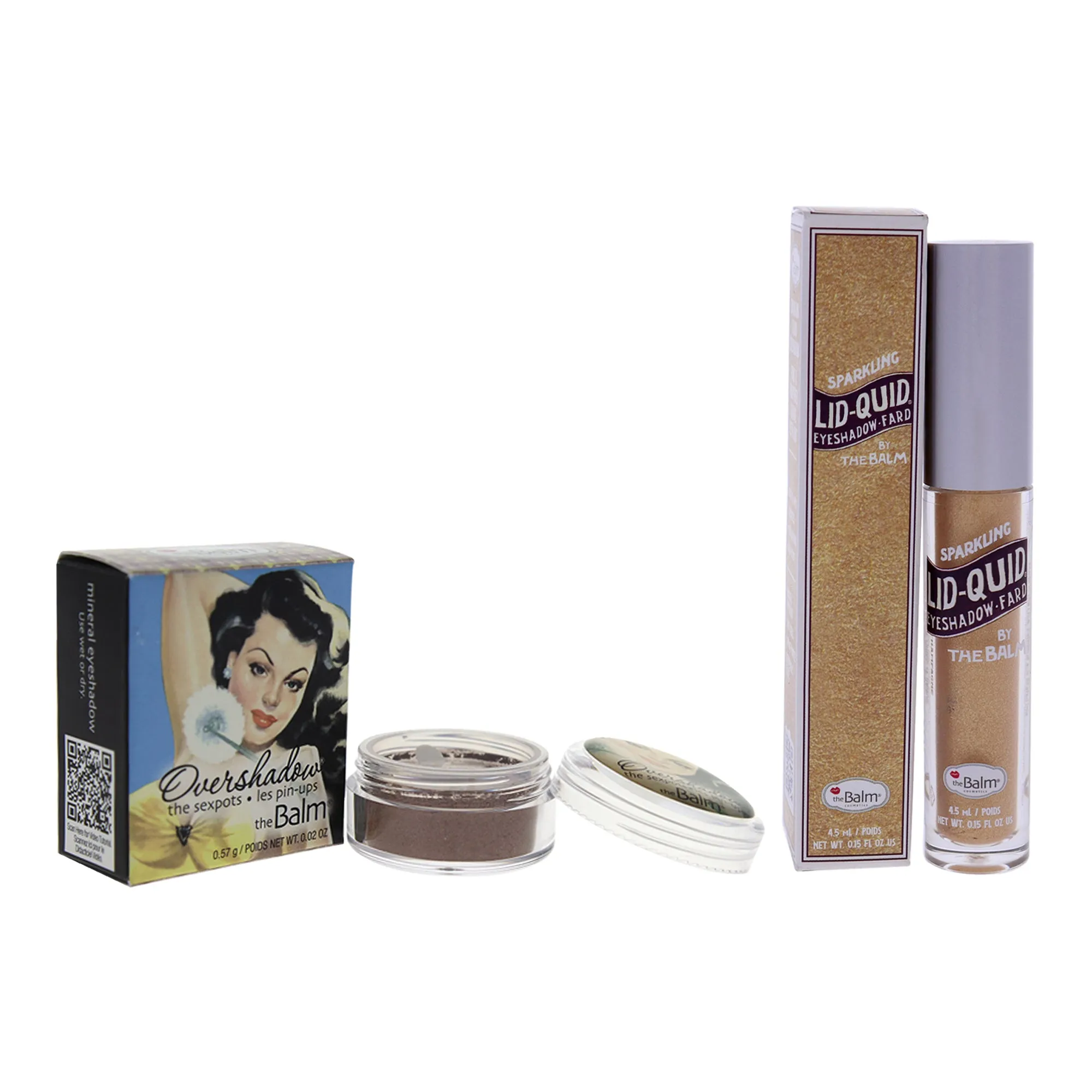 TheBalm Overshadow Shimmering All-Mineral Eyeshadow and Lid-Quid Sparkling Liquid Eyeshadow Kit by the Balm for Women - 2 Pc Kit 0.02 oz Eye Shadow - If yure Rich. Im Single. 0.15 oz Eye Shadow - Champagne